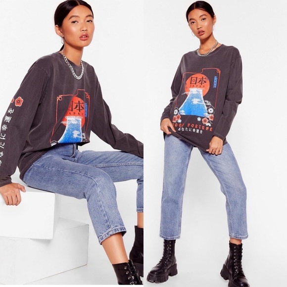 Nasty Gal Tops - Nasty Gal grey long sleeve good fortune t-shirt